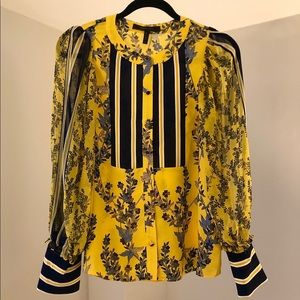 BCBGMaxAzria navy and yellow button down blouse